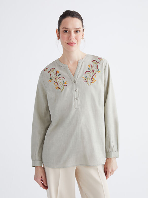 LCW Grace Asymmetric Neckline Embroidered Blouse