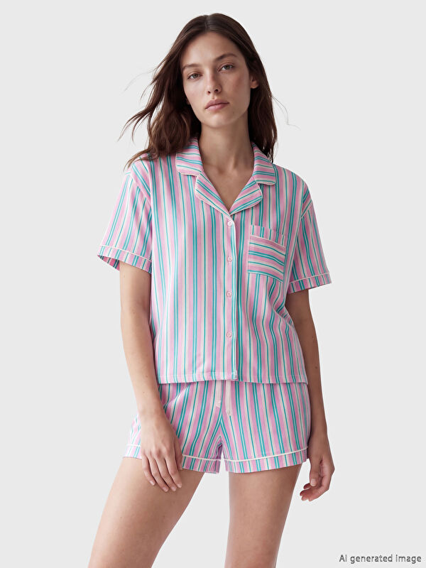 LCW DREAM Gömlek Yaka Çizgili Kadın Şortlu Pijama Takımı
