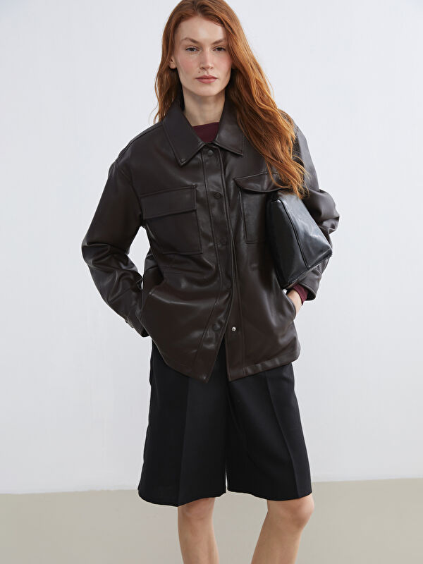 LCW Vision Shirt Collar Women's Leather Look Jacket