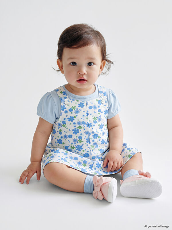 LCW baby Bisiklet Yaka Çiçekli Kız Bebek Elbise ve Tişört