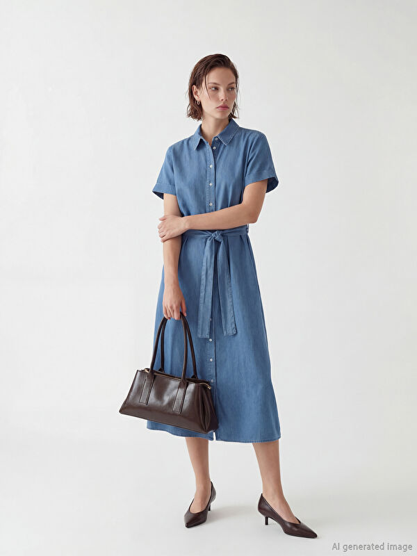 LCW Jeans Collared Neck Belted Denim Dress