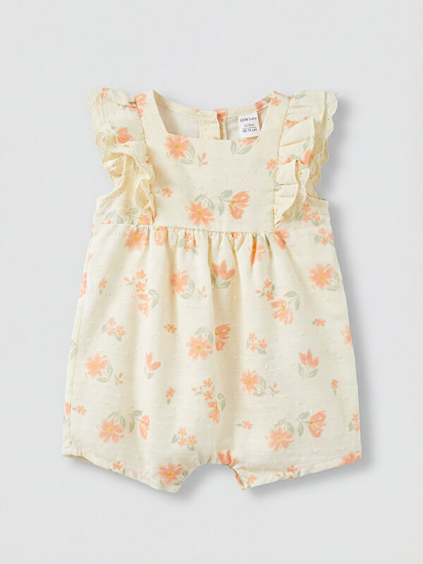 LCW baby Kare Yaka Fırfırlı Baskılı Kız Bebek Poplin Tulum