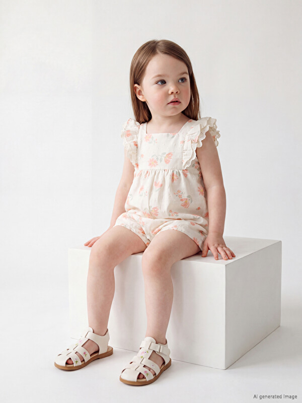 LCW baby Square Neck Frilled Printed Baby Girls' Poplin Jumpsuit