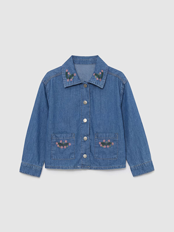 LCW Kids Shirt Collar Floral Baby Girl Denim Jacket