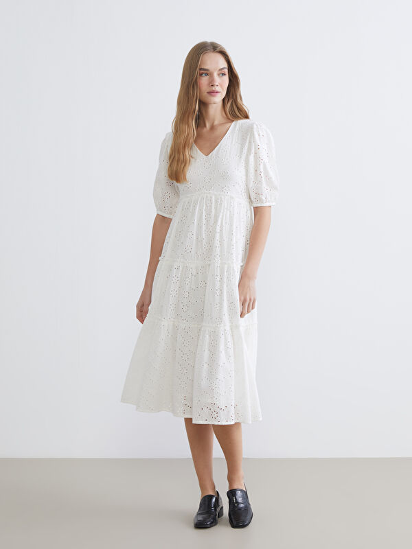 XSIDE V Neck Broderie Puff Sleeve Dress