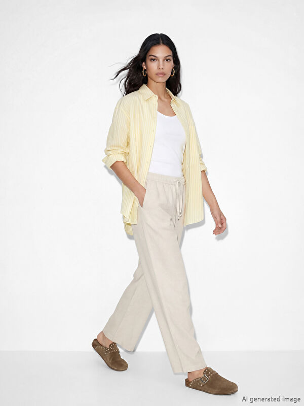 XSIDE Pantalon Femme en Mélange de Lin à Taille Élastiquée