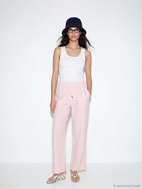 XSIDE Pantalon Femme en Mélange de Lin à Taille Élastiquée