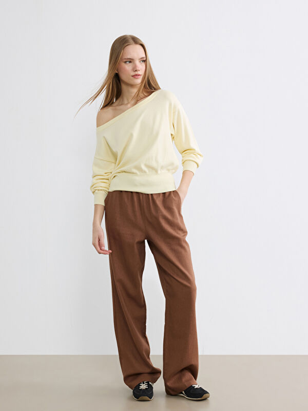 XSIDE Pantalon Femme en Mélange de Lin à Taille Élastiquée