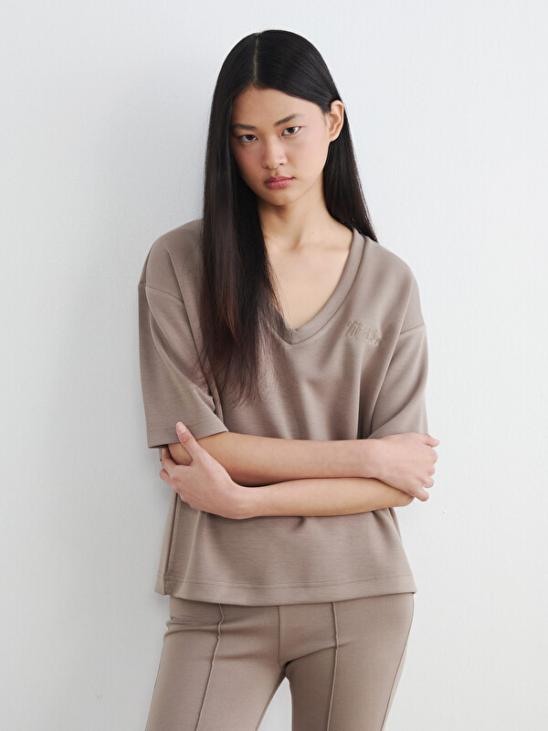 LCW Vision V Neck Embroidered Soft Touch Women's T-Shirt