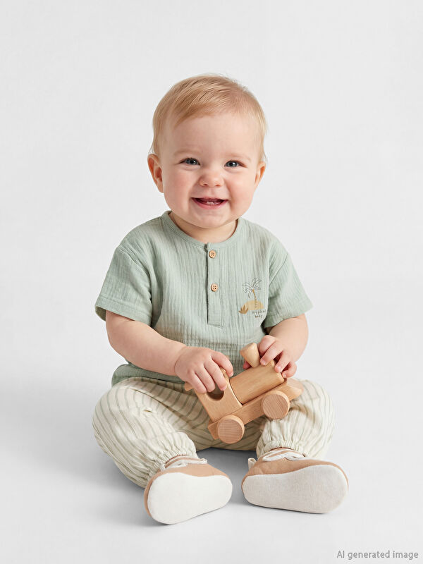 LCW baby Embroidered Baby Boys' Muslin T-Shirt and Trousers