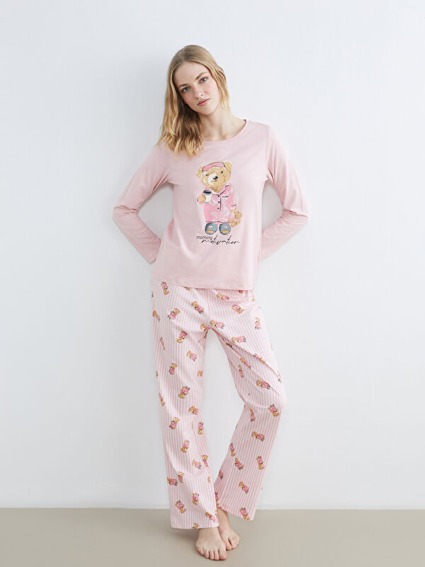 LCW DREAM Bisiklet Yaka Ayı Teddy Baskılı Kadın Pijama Takım