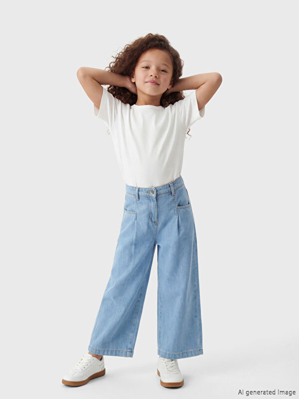 LCW Kids Beli Lastikli Wideleg Kız Çocuk Jean Pantolon