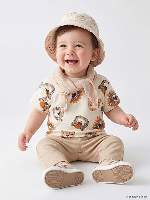 LCW baby Bisiklet Yaka Hayvan Baskılı Erkek Bebek Tişört ve Pantolon
