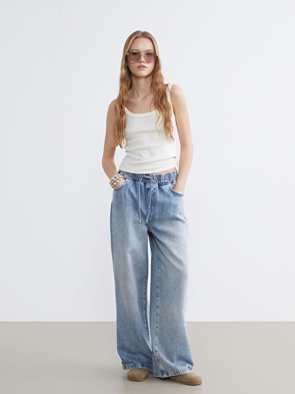 XSIDE Women's Wide-Leg Jean Trousers with Elasticated Waist