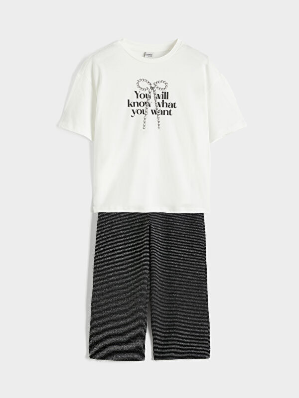 LCW Kids Bow-Print Tee and Trousers for Girls