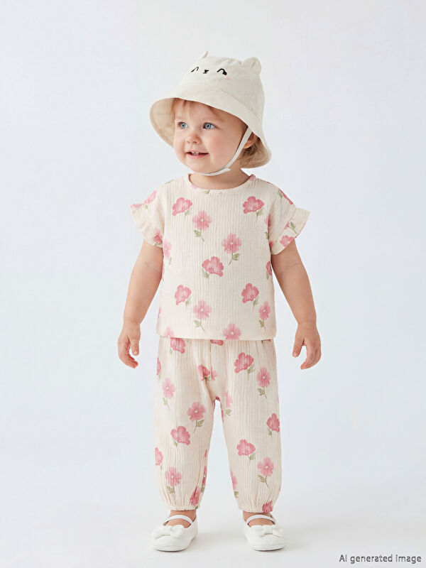 LCW baby Çiçekli Kız Bebek Müslin Bluz ve Pantolon