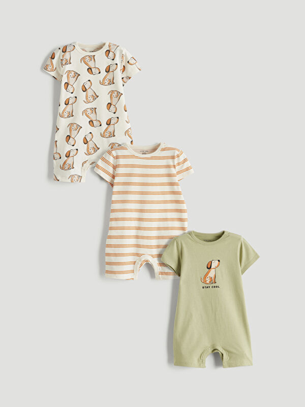 LCW baby Crew Neck Printed Baby Boys' Jersey Jumpsuit 3-packs