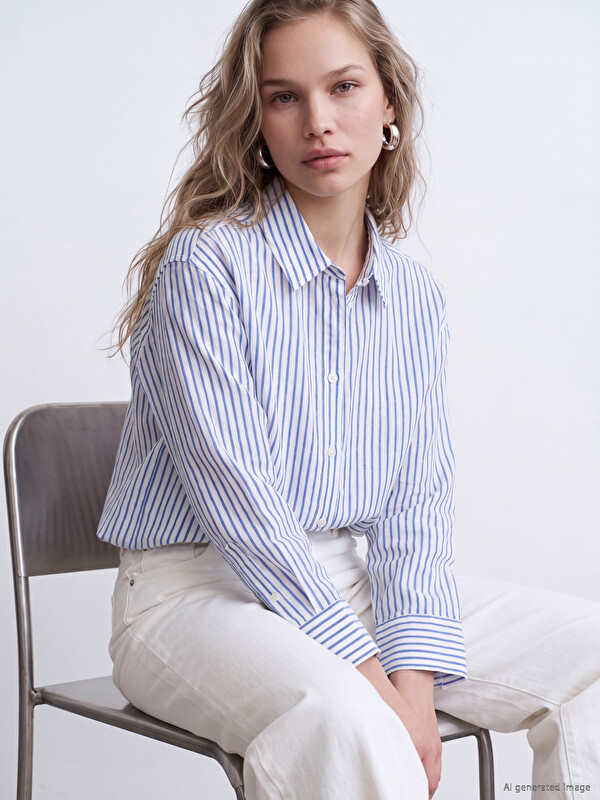 LCW Vision Çizgili Oversize Poplin Kadın Gömlek