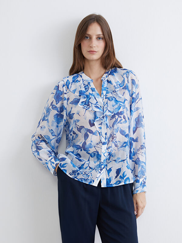 LCW EVERYDAY V Neck Floral Frilled Chiffon Blouse Women's