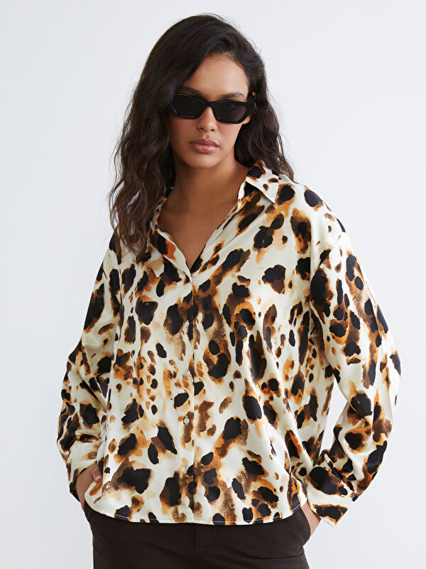 LCW Vision Leopard Print Oversize Satin Women's Shirt