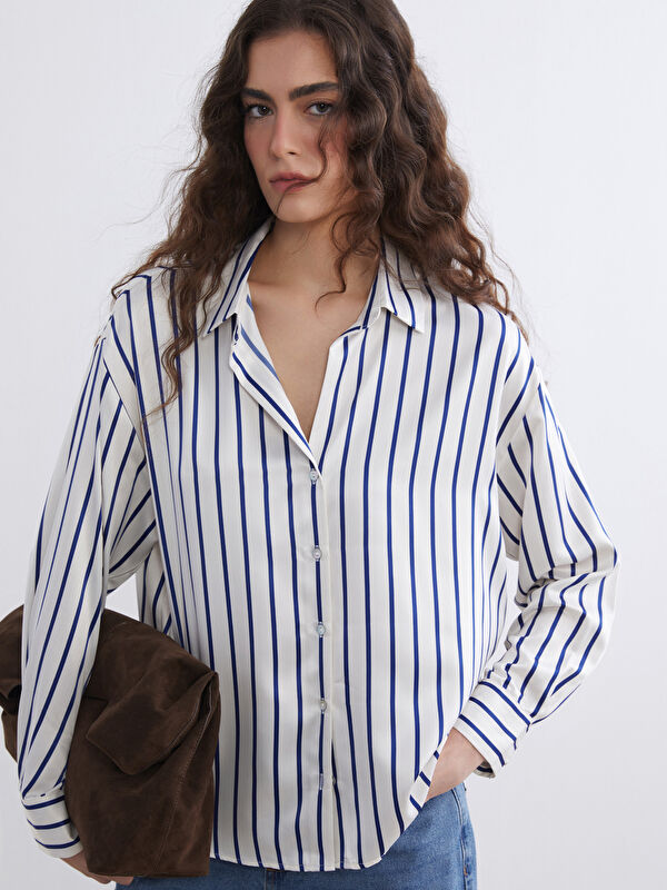 LCW Vision Gestreiftes Oversize-Satin-Damenhemd