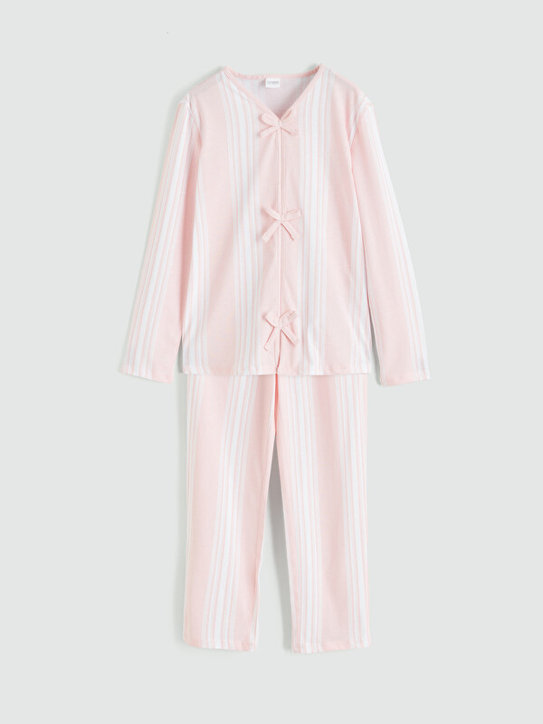 LCW Kids V Yaka Fiyonk Detaylı Kız Çocuk Pijama Takımı
