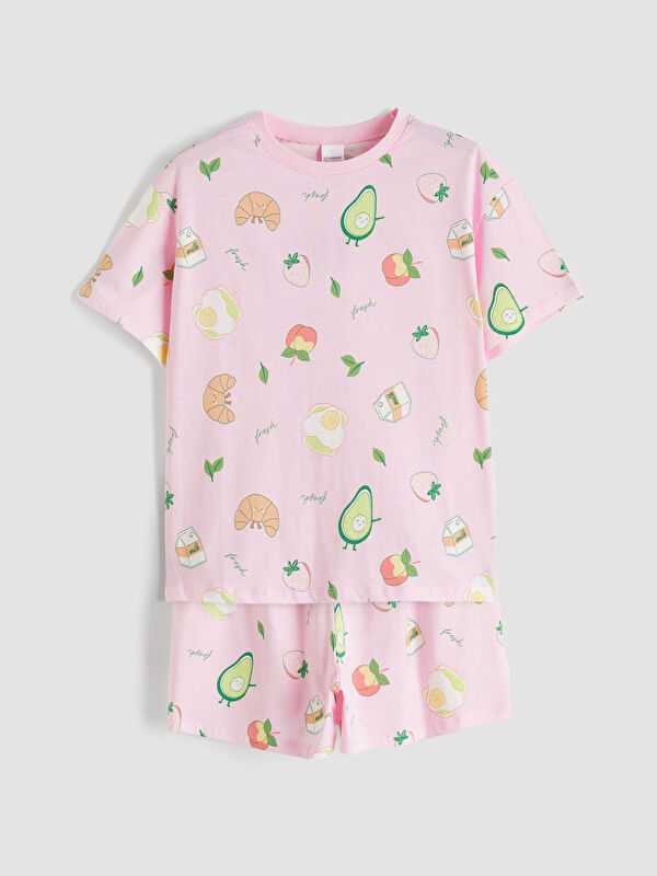 LCW Kids Bisiklet Yaka Baskılı Kız Çocuk Şortlu Pijama Takımı