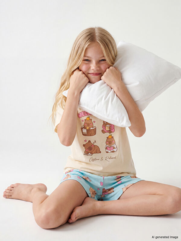 LCW Kids Bisiklet Yaka Baskılı Kız Çocuk Şortlu Pijama Takımı