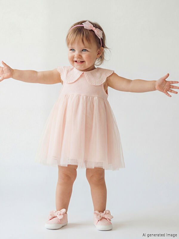 LCW baby Peter Pan Collar Tulle Detailed Baby Girls' Dress