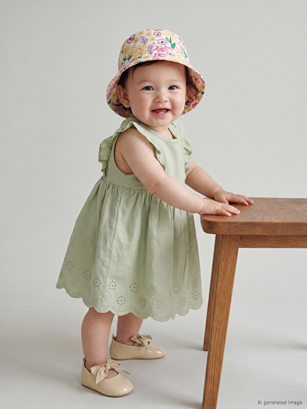 LCW baby Crew Neck Ruffled Embroidered Baby Girls' Dress