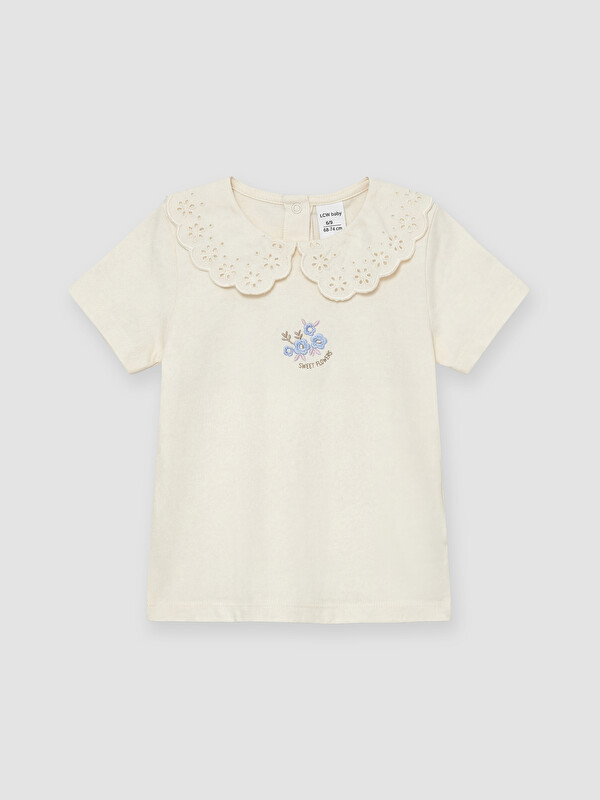 LCW baby Bebe Yaka Nakışlı Kız Bebek Tişört