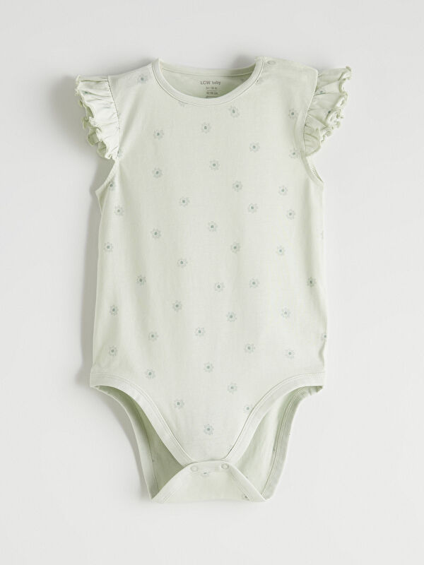 LCW baby Bisiklet Yaka Fırfırlı Desenli Kız Bebek Çıtçıtlı Body