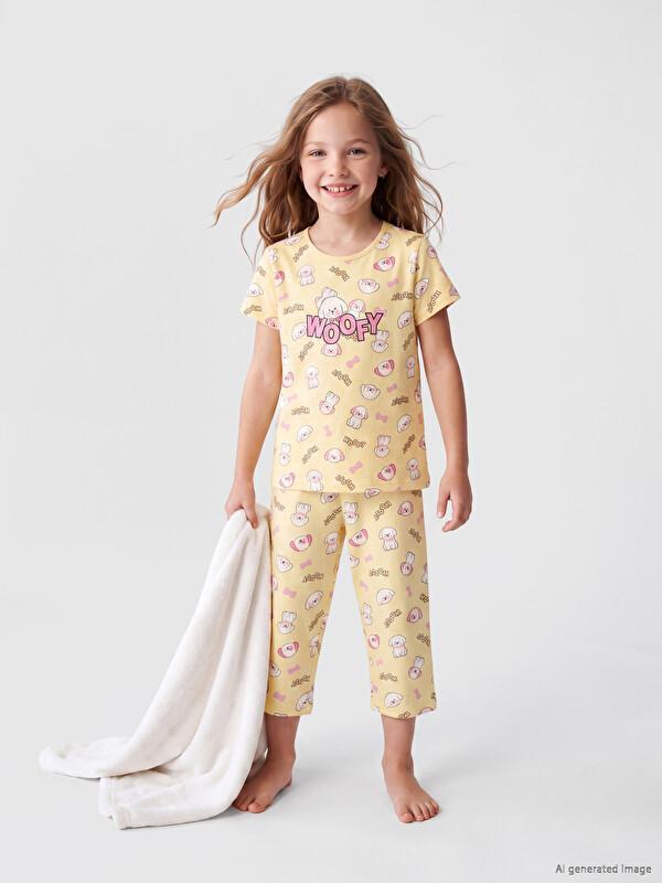 LCW Kids Bisiklet Yaka Kız Çocuk Kaprili Pijama Takımı