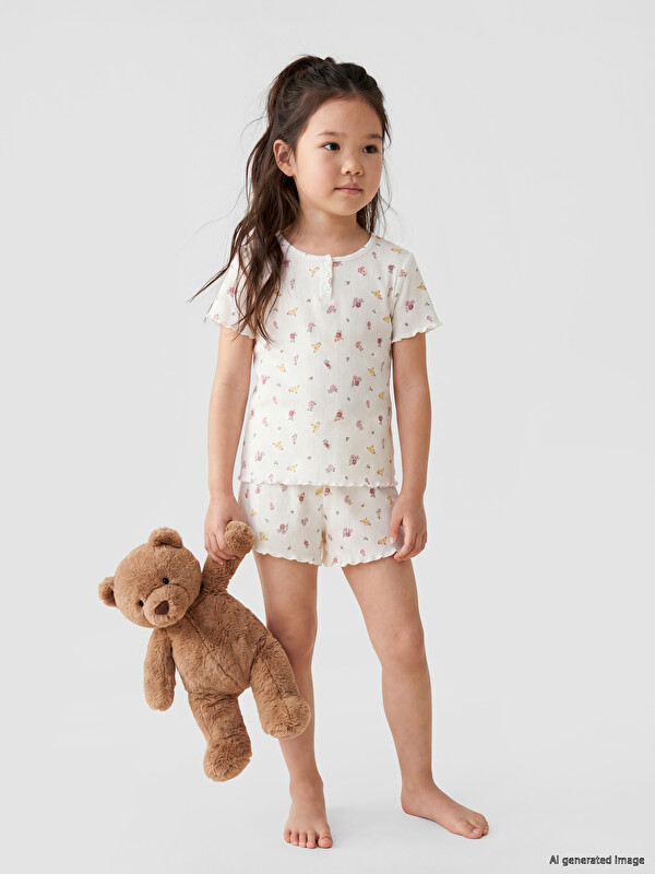 LCW Kids Crew Neck Printed Girls' Shortie Pyjamas Set