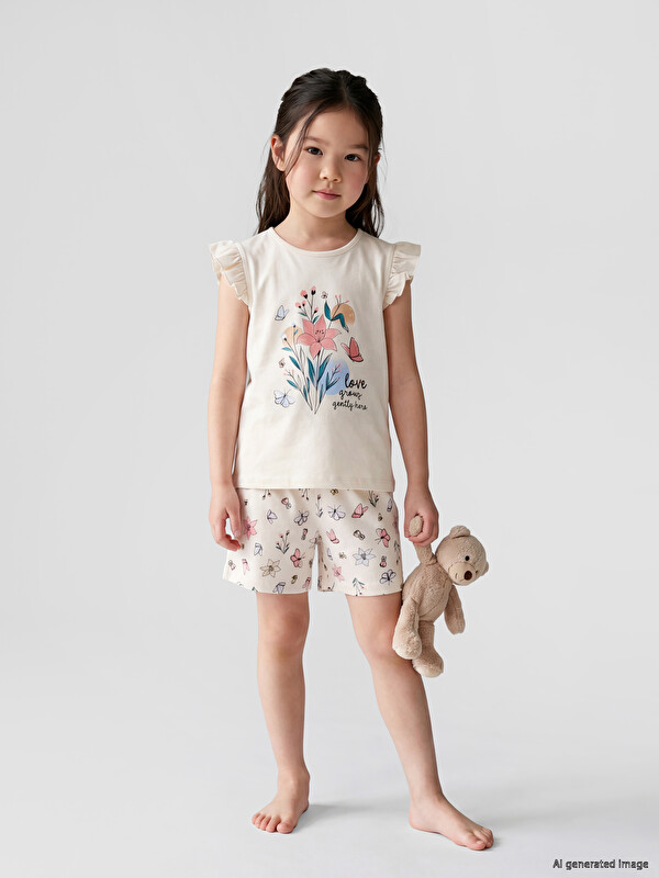 LCW Kids Crew Neck Girls' Shortie Pyjama Set