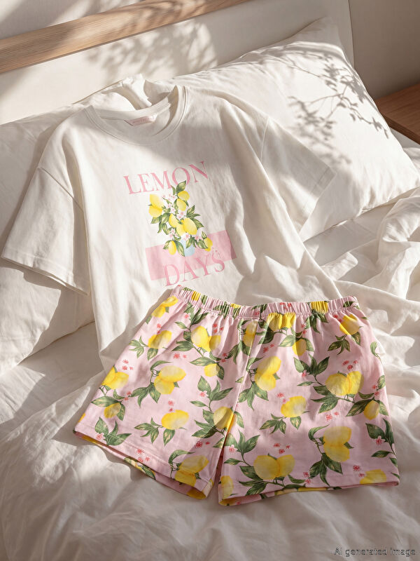 LCW DREAM Crew Neck Printed Women's Short Pyjamas Set