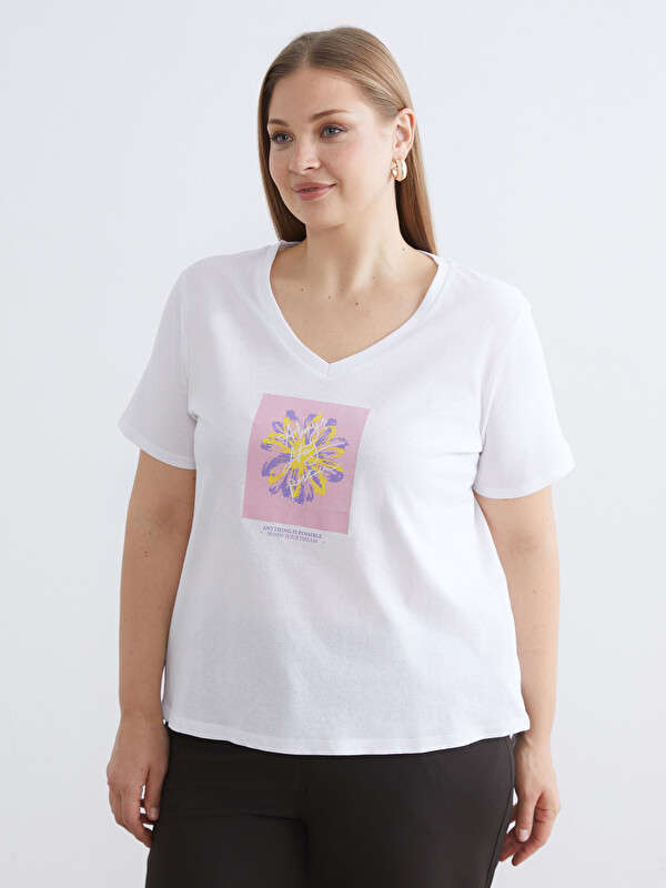 LC WAIKIKI Tricou Imprimat cu Decolteu în V pentru Femei