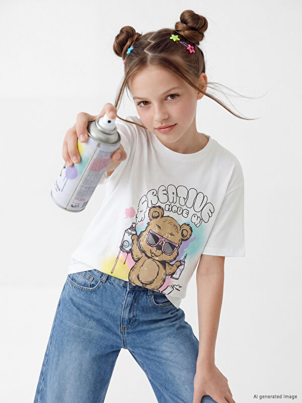 LCW Kids Bisiklet Yaka Baskılı Kız Çocuk Tişört
