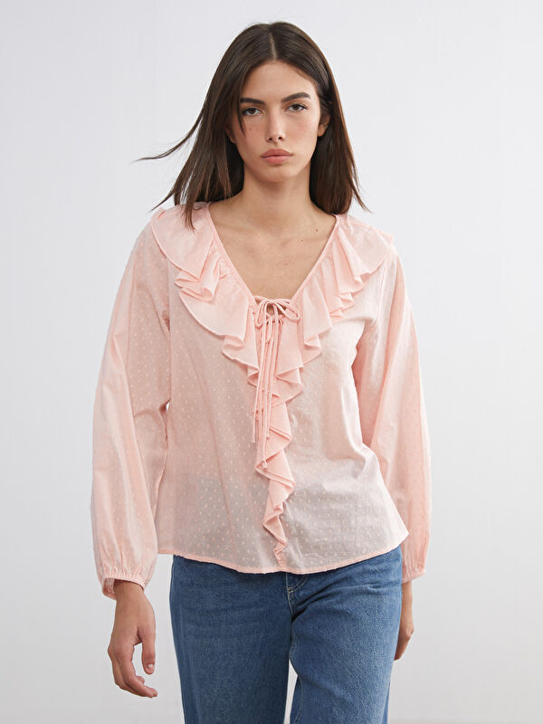 LCW Vision V-Neck Frilled Textured Blouse