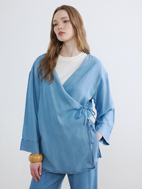 LCW Modest Double Breasted Collar Women's Jean Kimono