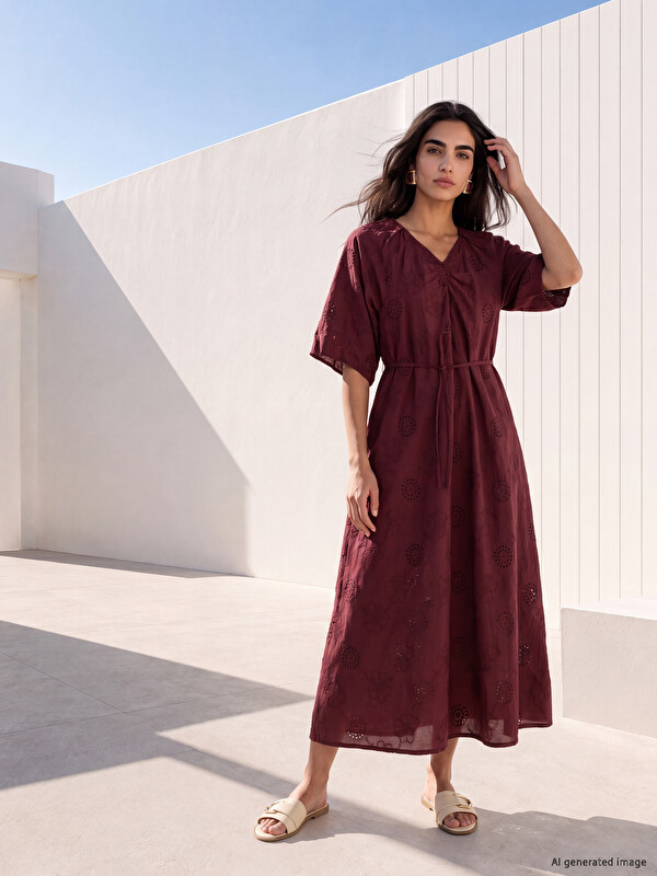 LCW Modest бау белді v жағалы еркін пішімді әйелдер көйлегі
