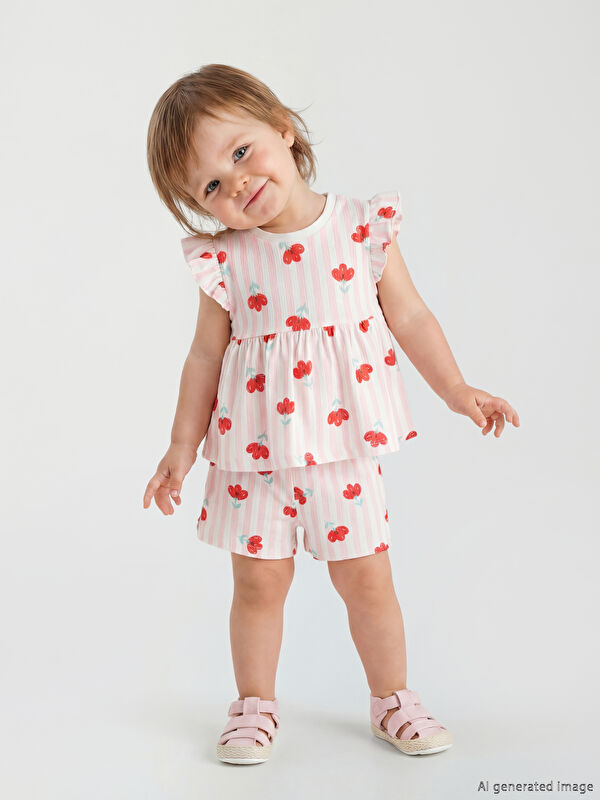 LCW baby Çiçek Desenli Kız Bebek Fırfırlı Bluz ve Şort
