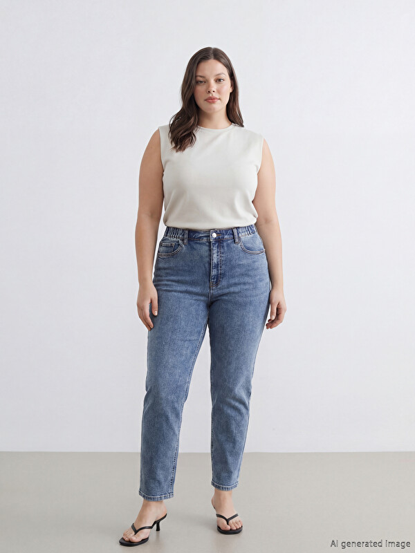 LCWAIKIKI Classic Beli Lastikli Slim Mom Kadın Jean Pantolon