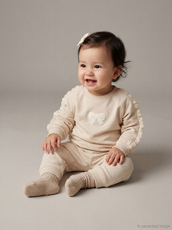 LCW baby Dantel Detaylı Kız Bebek Sweatshirt ve Eşofman Altı