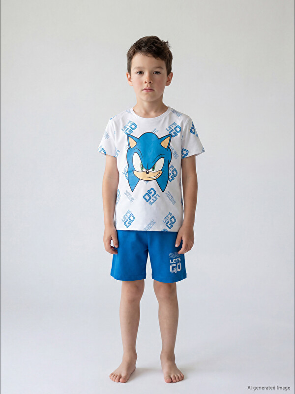 LCW Kids Піжамний комплект з шортами для хлопчиків із принтом Sonic з круглим вирізом горловини