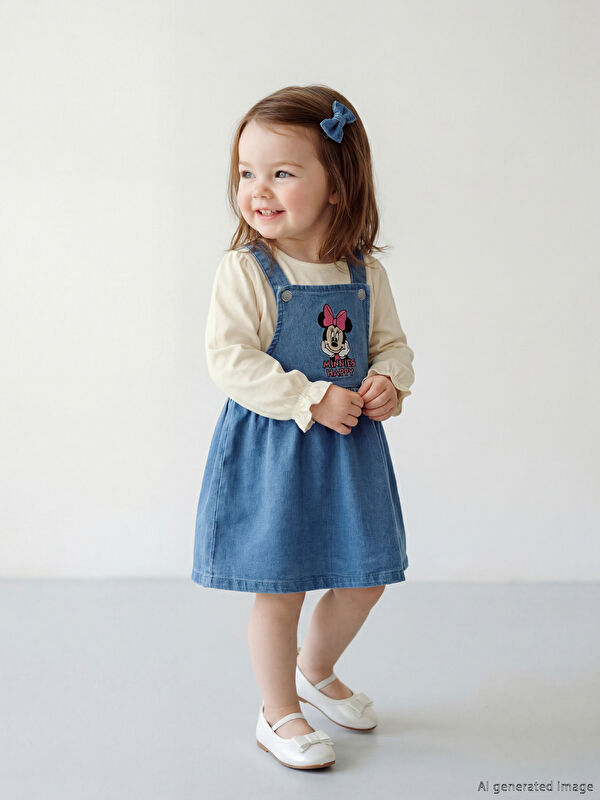 LCW baby Minnie Mouse Nakışlı Kız Bebek Jean Salopet Elbise ve Tişört