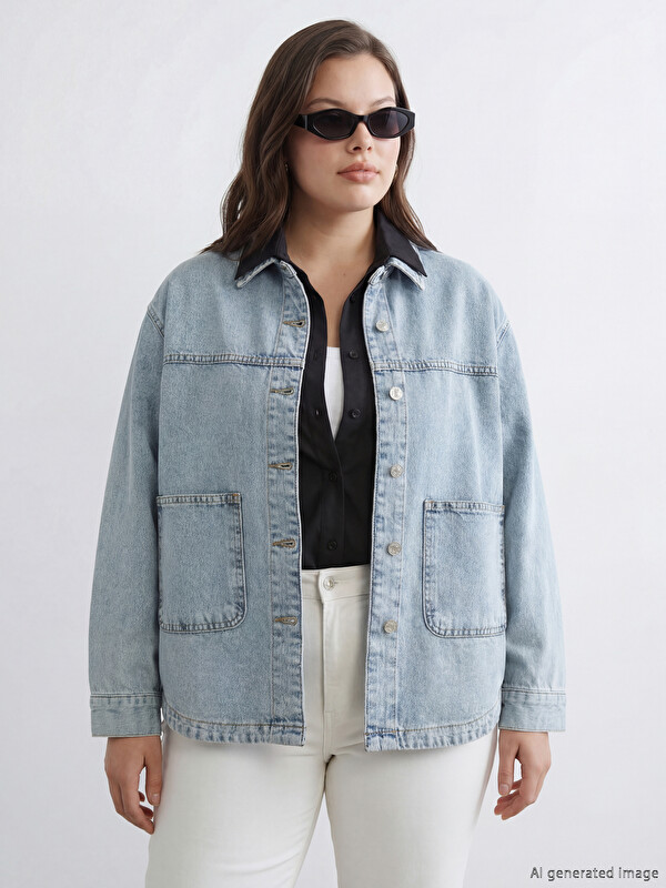 LCWAIKIKI Classic Gömlek Yaka Oversize Kadın Jean Ceket