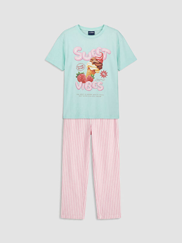 LCW Kids Bisiklet Yaka Baskılı Kız Çocuk Pijama Takımı