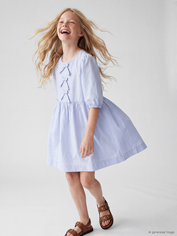 LCW Kids Crew Neck Bow Detailed Girls' Dress