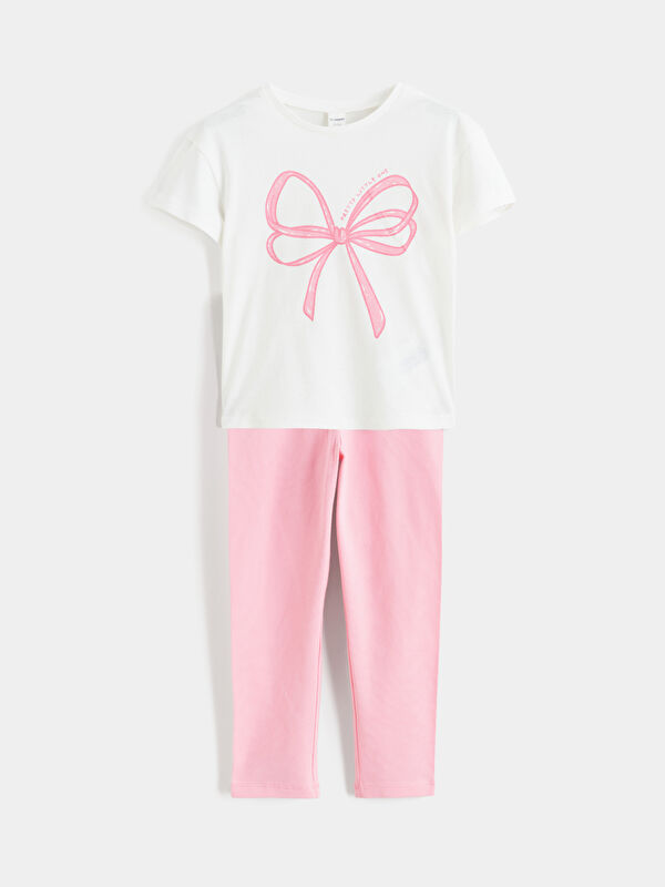 LCW Kids Ribbon-Printed Girls' T-Shirt and Leggings Set